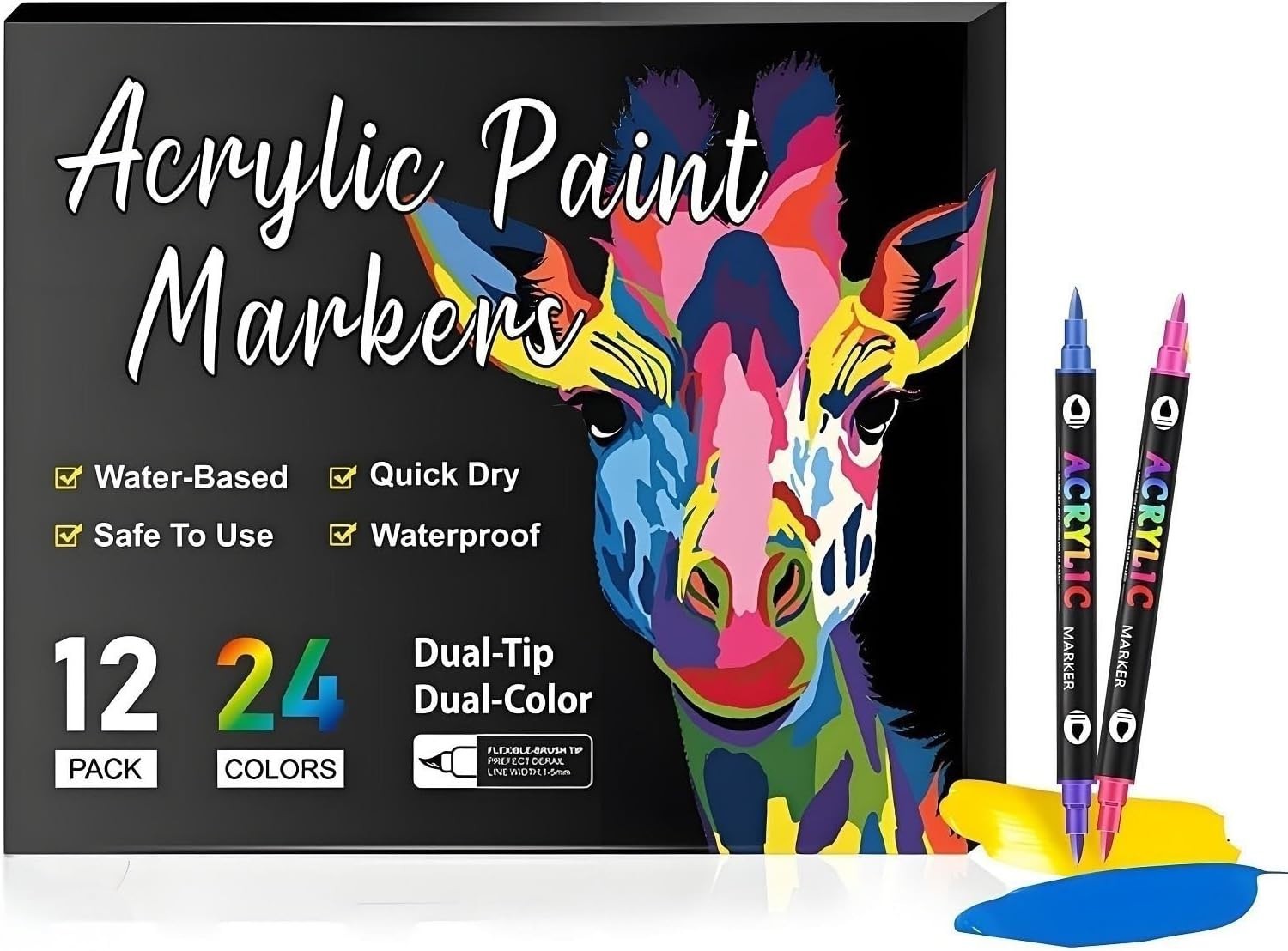 Acrylic Paint Marker Pens Set Brush/Fine Dual Tip Permanent Waterproof Opaque