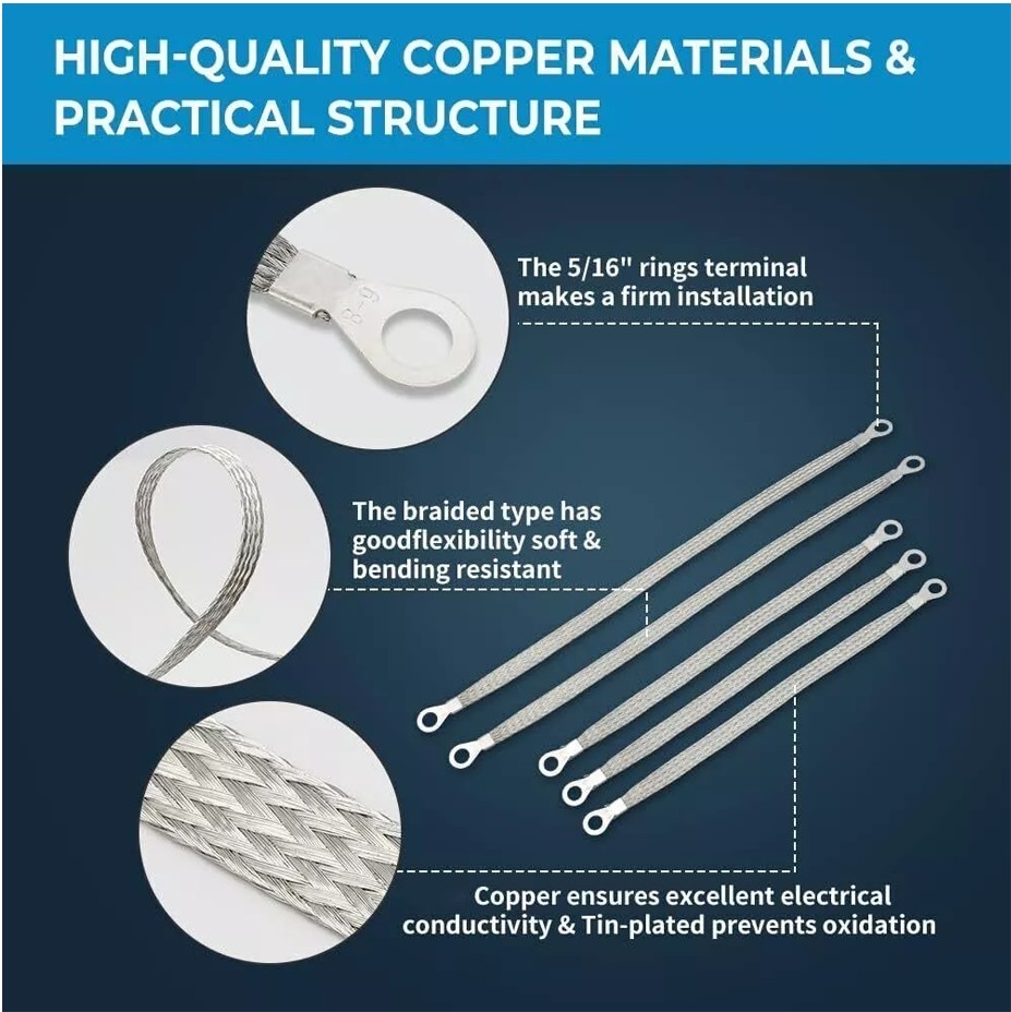 Car Truck Firewall Engine Body Engine Ground Strap Tinned Copper Cable Kit 5 Pcs