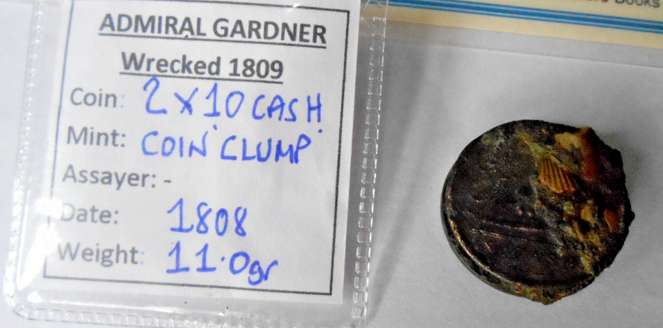 TREASURE copper 2 COIN CLUMP shipwreck 1808 EAST INDIA Co wreck 10 cash GARDNER