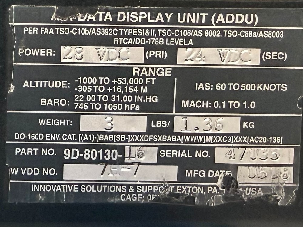 Air Data Display Unit 9D-80130-16 w/ August 2025 Tested 8130