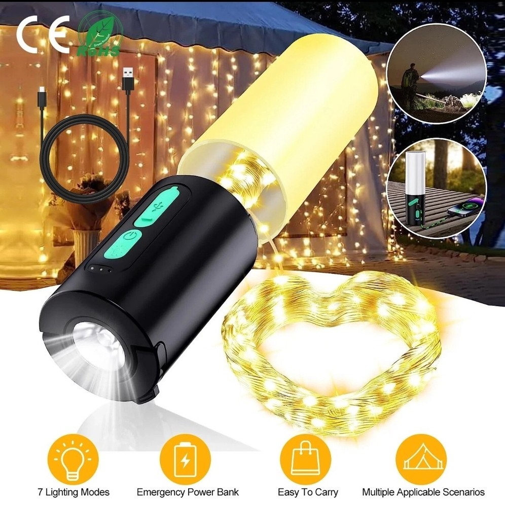 33ft String Lights Power Bank 4in1 Rechargeable Camping Lantern Flashlight  USB