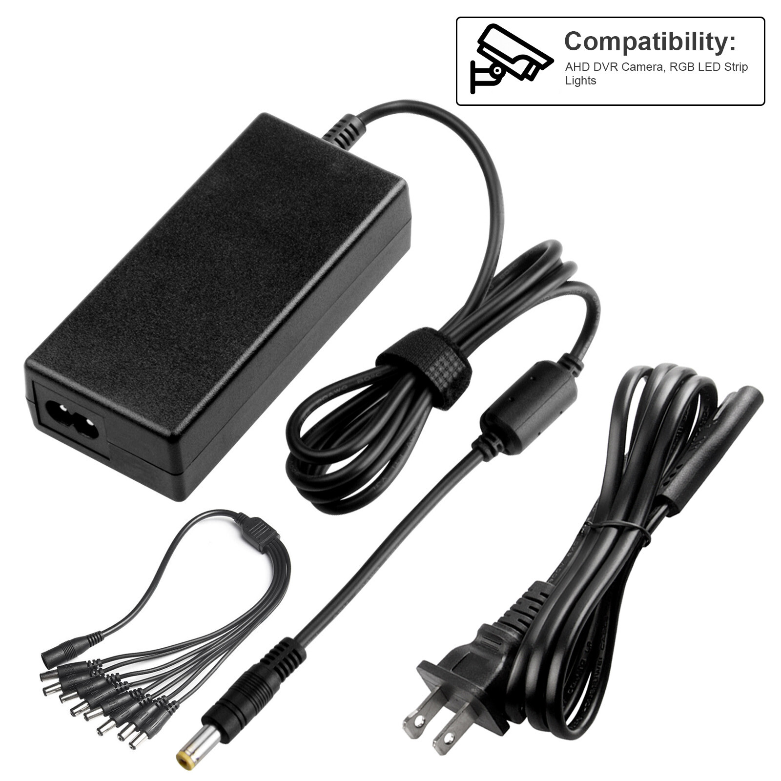 DVR 8 Split Power Cable +DC 12V 5A Power Supply Adapter for CCTV Security Camera