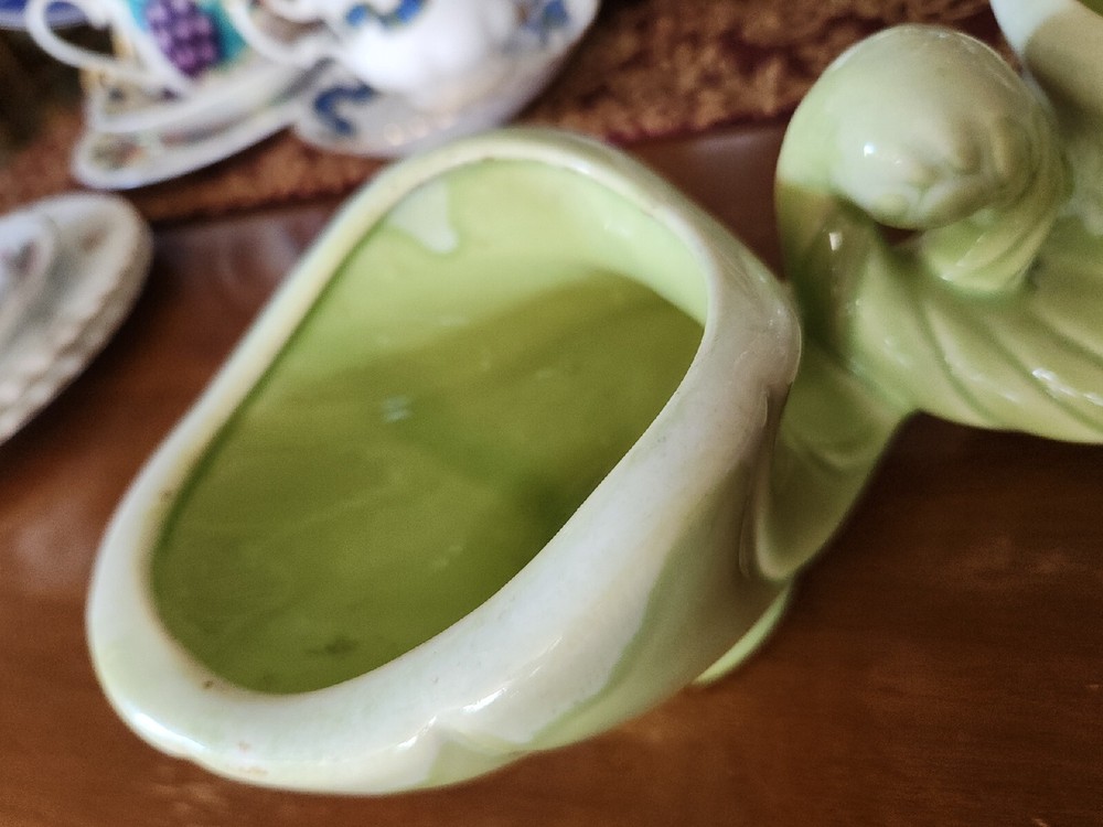 Retro Vintage Green Glazed Double Cornucopia Ceramic Planter