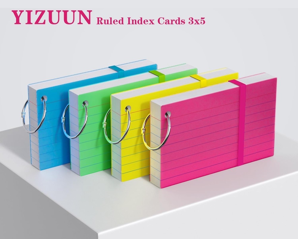 3x5 Flash Cards Set with 4 Color-Coded Rings for Easy Note Organization