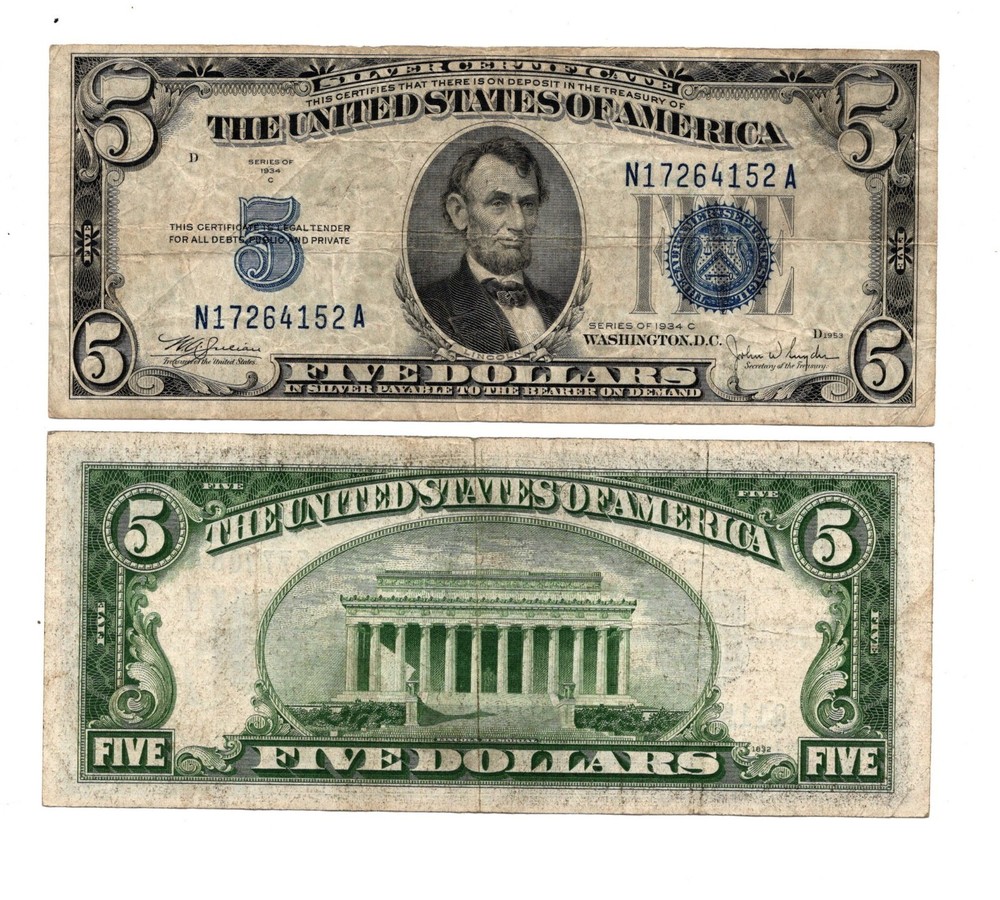 US $5.00 Silver Certificate - Series 1934C - Circulated