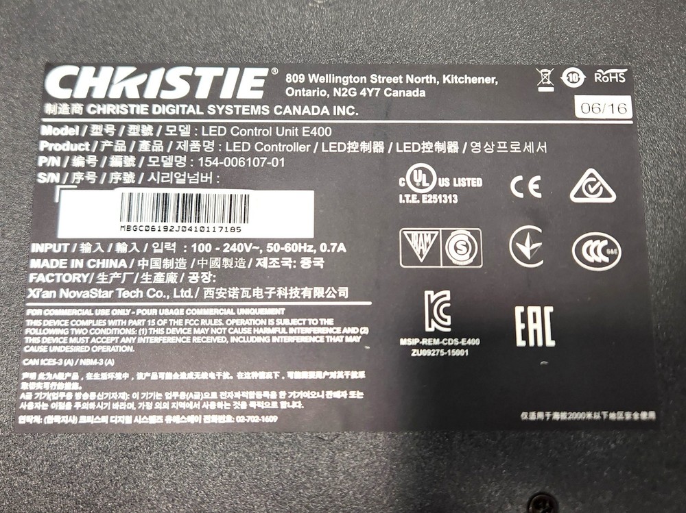 Christie LED Control Unit E400 Display Controller 154-006107-01 Power Tested