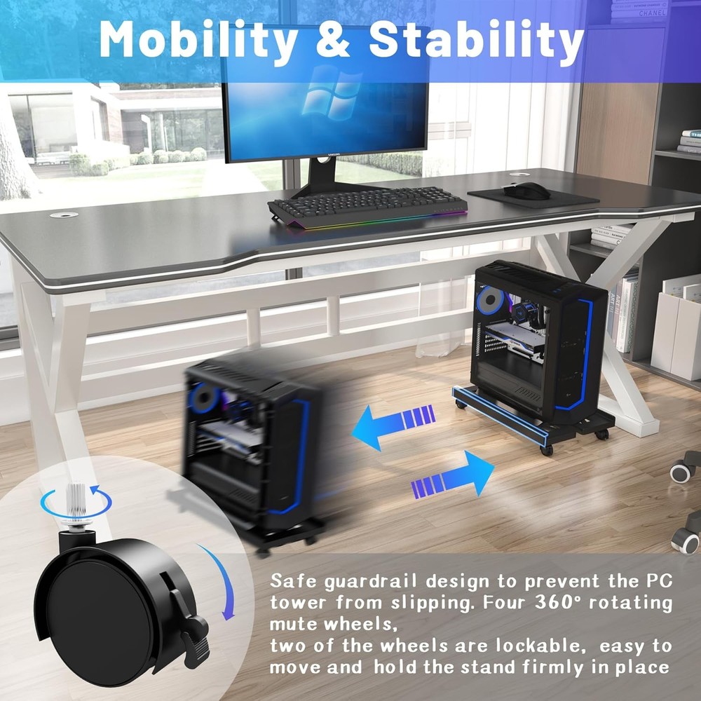 Mobile CPU Stand, Rolling Stand Adjustable Computer Cart Black