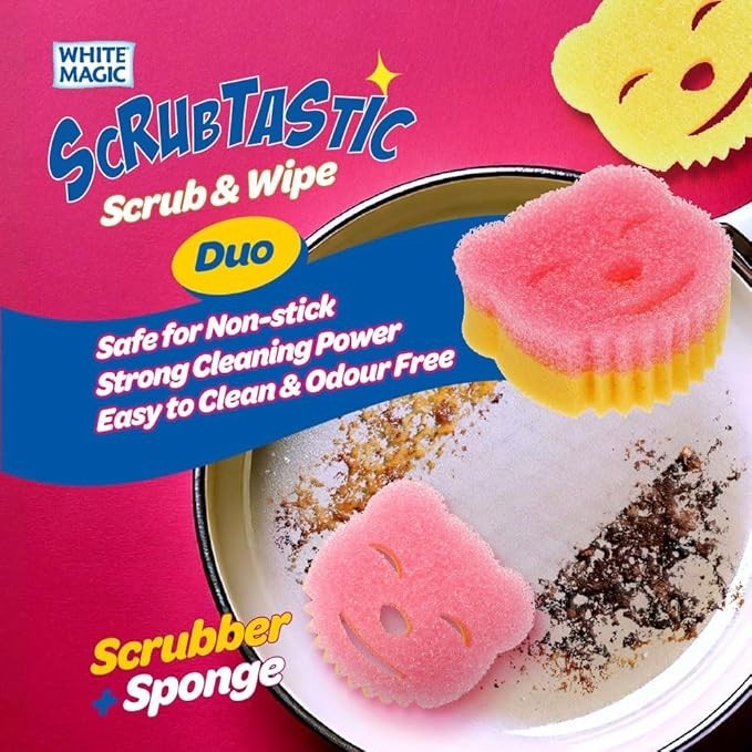White Magic Scrubtastic Scrub & Wipe Sponge Duo 3 Pack – Dual-Action