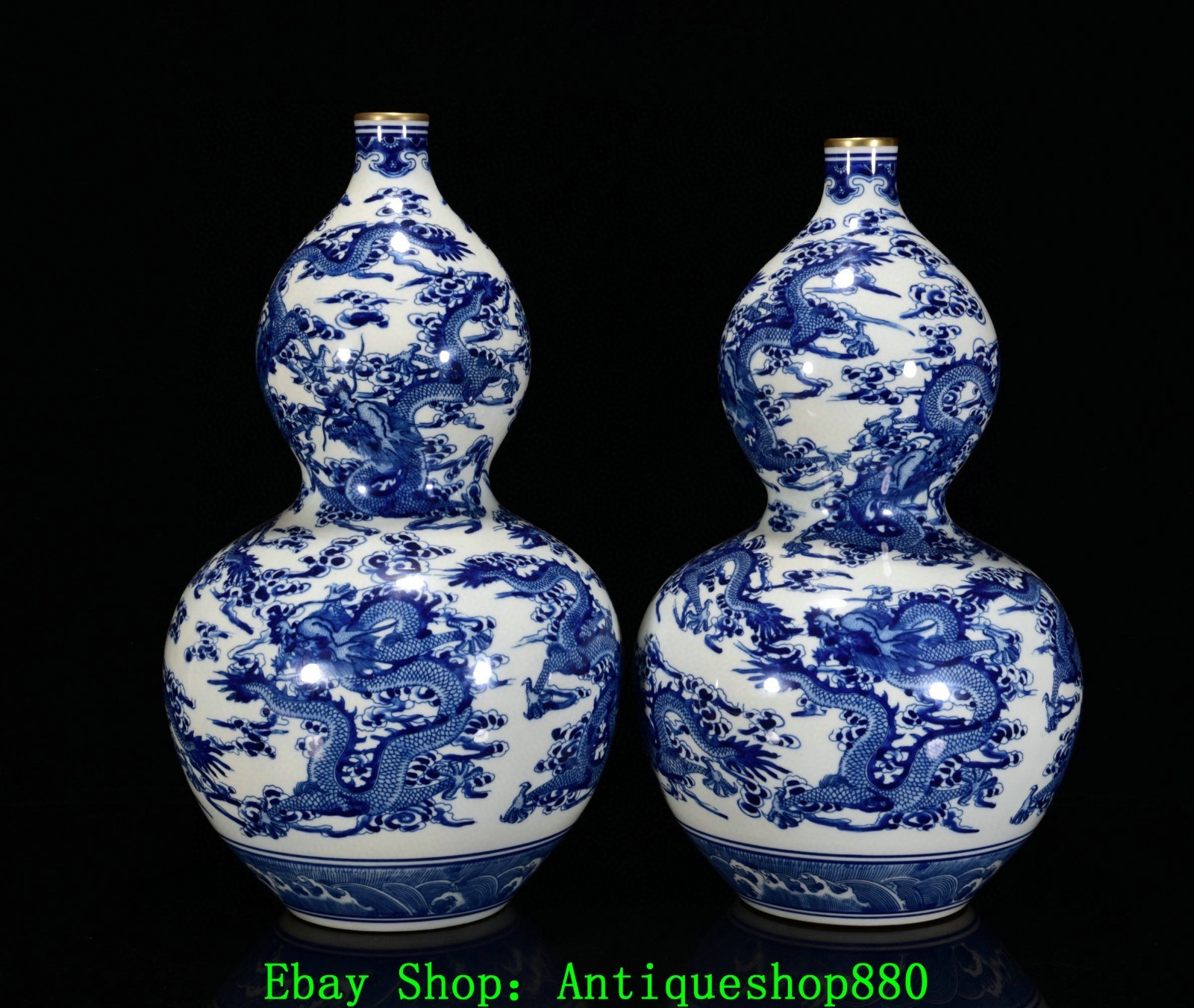 16.5''Yongzheng Blue White Porcelain Gold Dragon Beast Gourd Bottle Vase Pair