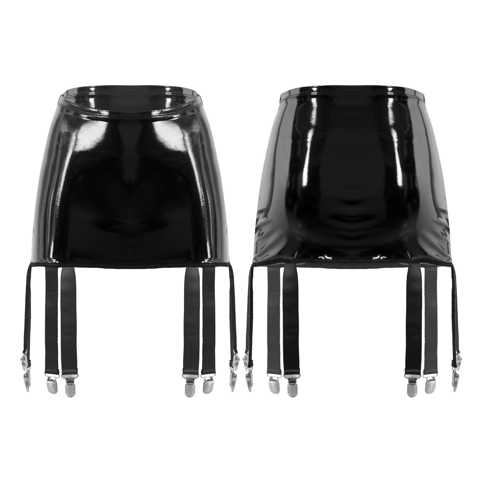 US Women Wet Look PVC Leather High Waisted Garter Belt with 6 Wide Straps Skirts