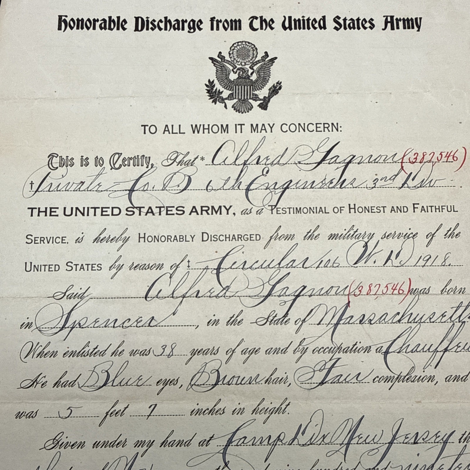 WWI 1918 3rd Infantry Division 6th Engineers Co. B Honorable Discharge Army AEF