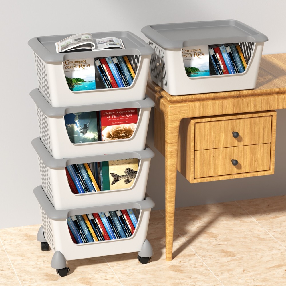Mayish 5-Tier Stacking Storage Basket with Wheels, Stackable Plastic Baskets