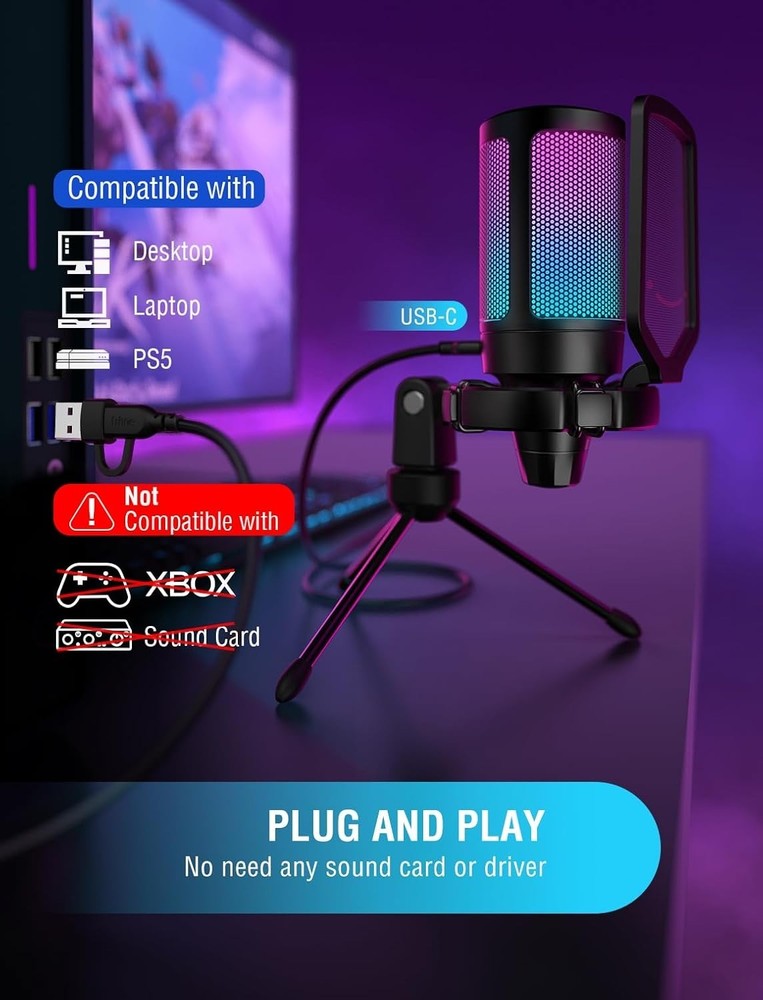 Gaming USB Microphone for PC PS5, Condenser Mic with Quick Mute, RGB Indicator