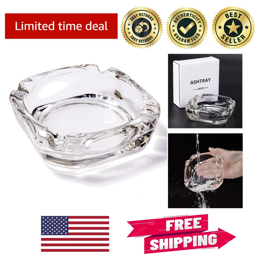 Luxury Clear Glass Ashtray - Smooth Surface, Perfect 3.66" Square Shape