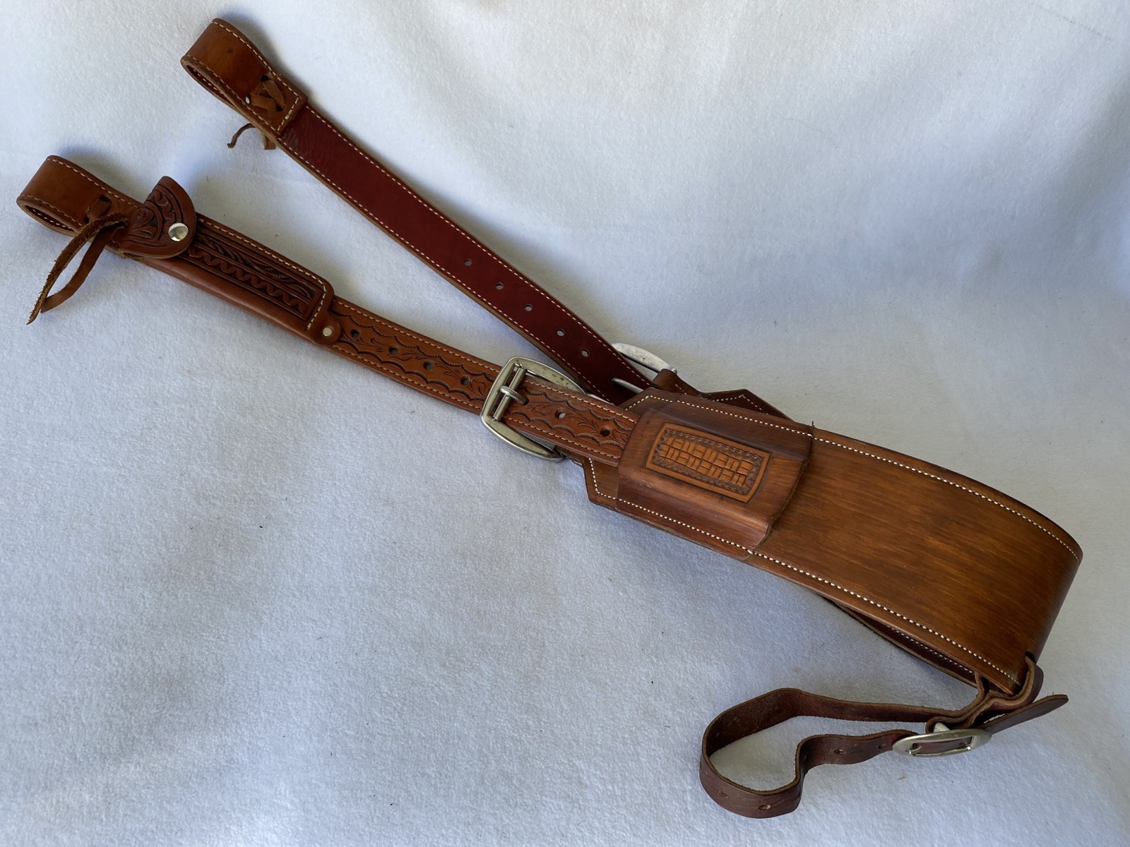 High QUALITY Double Stitch TOOLED Skirt Leather Back Flank Cinch &Billet SET~EUC