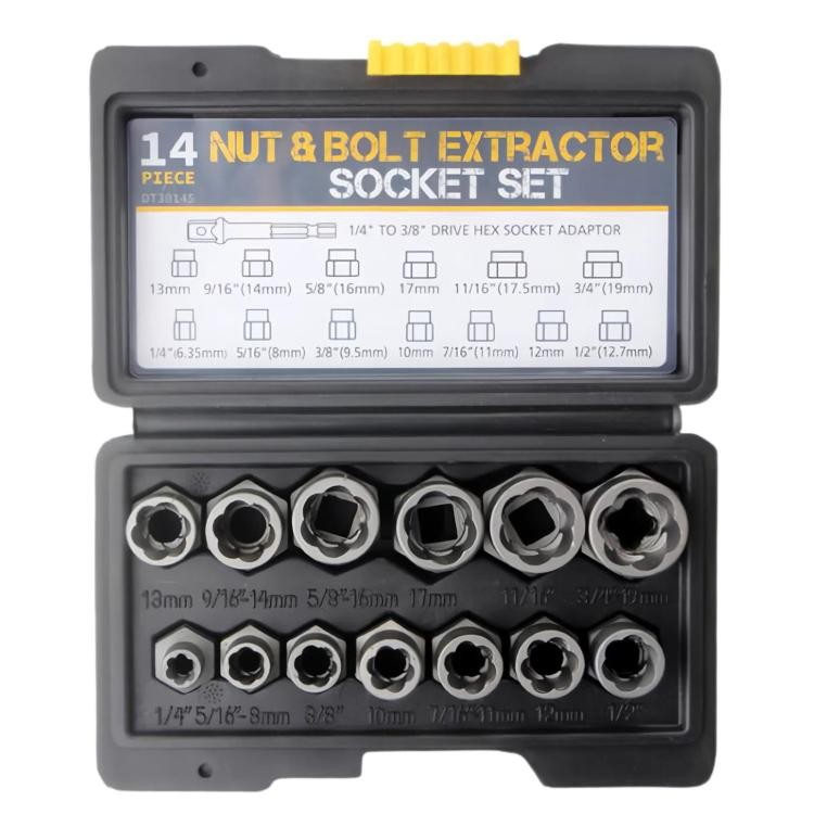 14-Piece Nut Extractor Set, Reverse-Thread Sockets for Bolt Removal, Multi-Size
