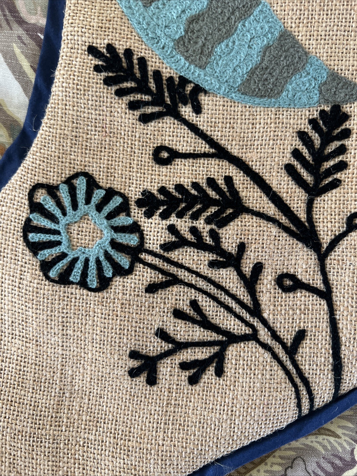 ARCADIA HOME CHRISTMAS STOCKING 100% JUTE EMBROIDERED BLUE BIRD AND FLOWERS