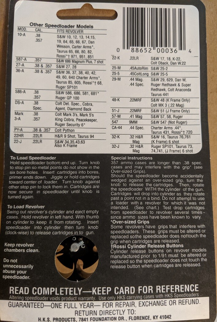 HKS Speedloader 36-A for 5 shot 38/357 Mag S&W J-Frame & Taurus 85 Factory NEW