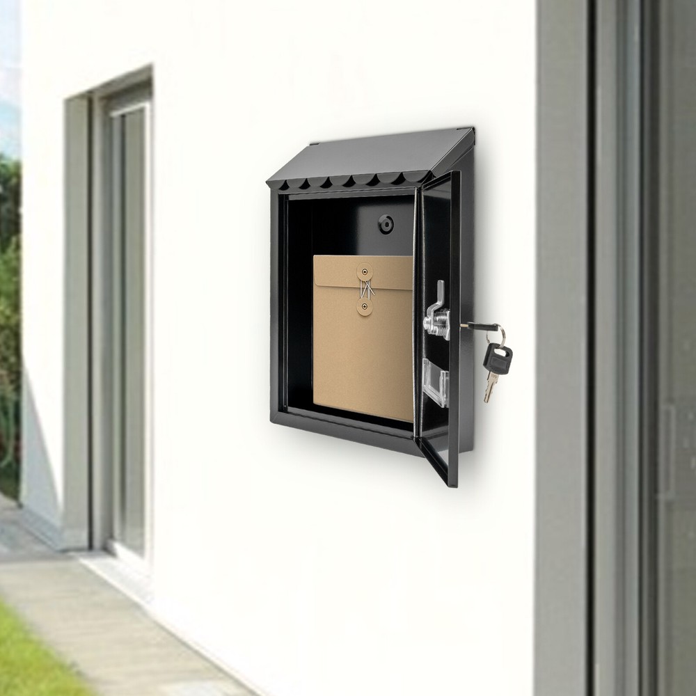 Wall Mount Rectangular Locking Mailbox W/ 2 Keys Black Residential Mail Box ﻿