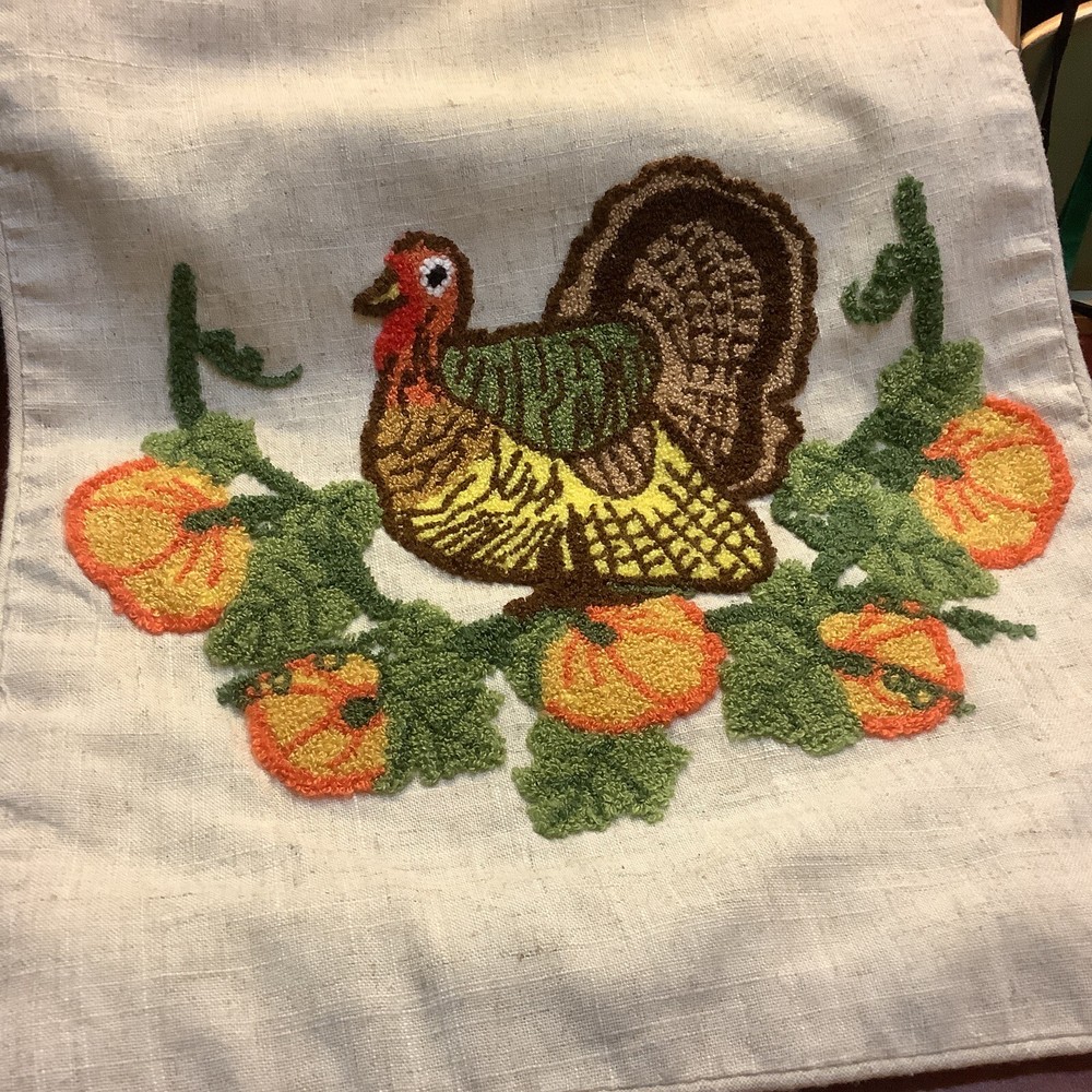Table Runner~Fall/Thanksgiving/Harvest~70”L~Turkey & Pumpkins~Linen Background~