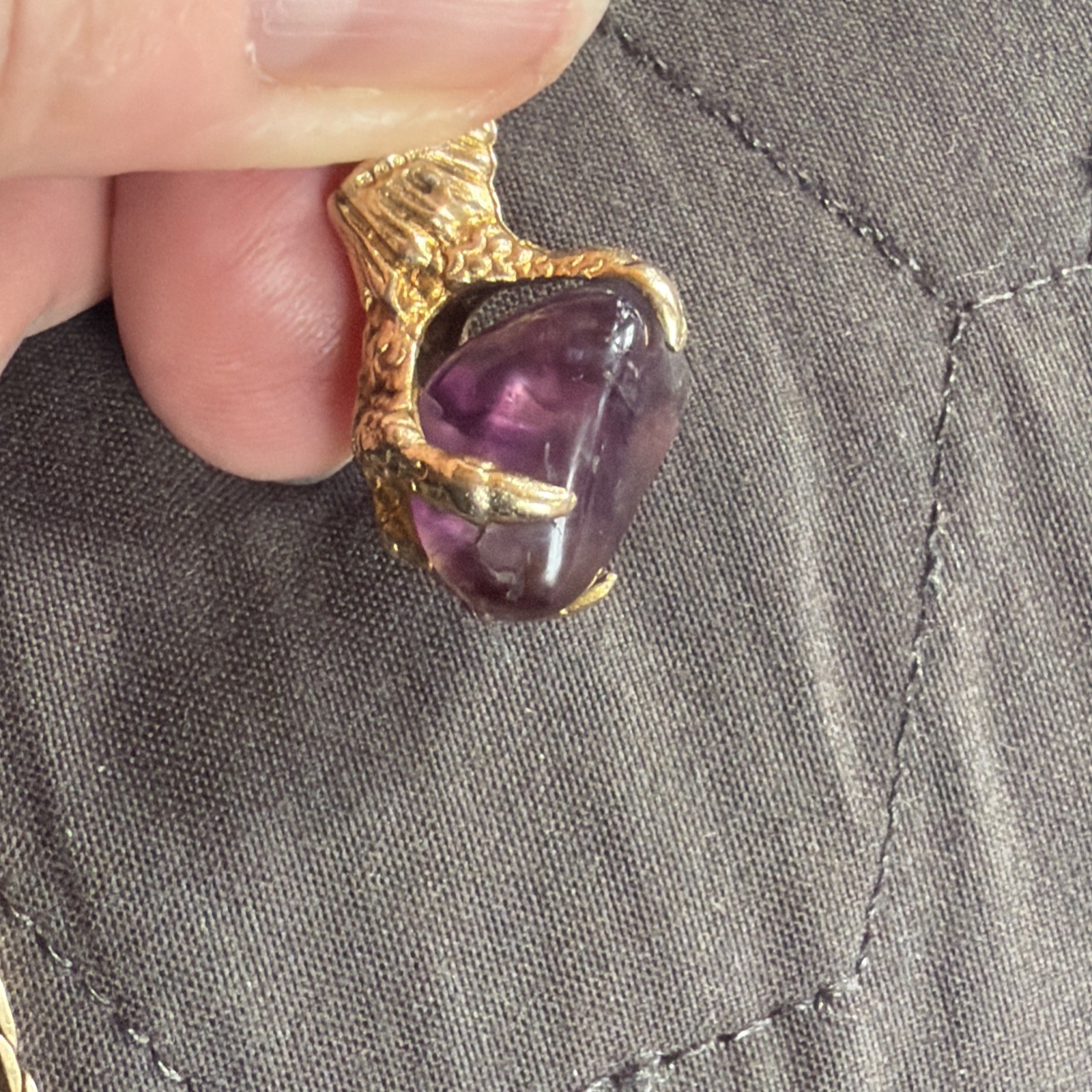 Vintage 9ct Solid Gold Amethyst Dragon Claw Fob Pendant SP Gold Filled 14” Chain