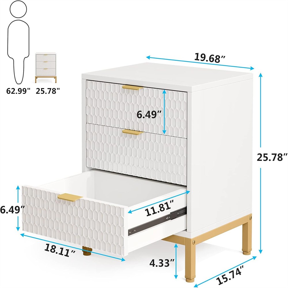Nightstand Bedside Table Side Table with 3 Glide Drawers