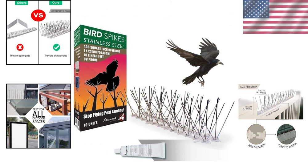 Pre-Assembled Stainless Steel Bird Spikes 10ft - Versatile & Effective Solution