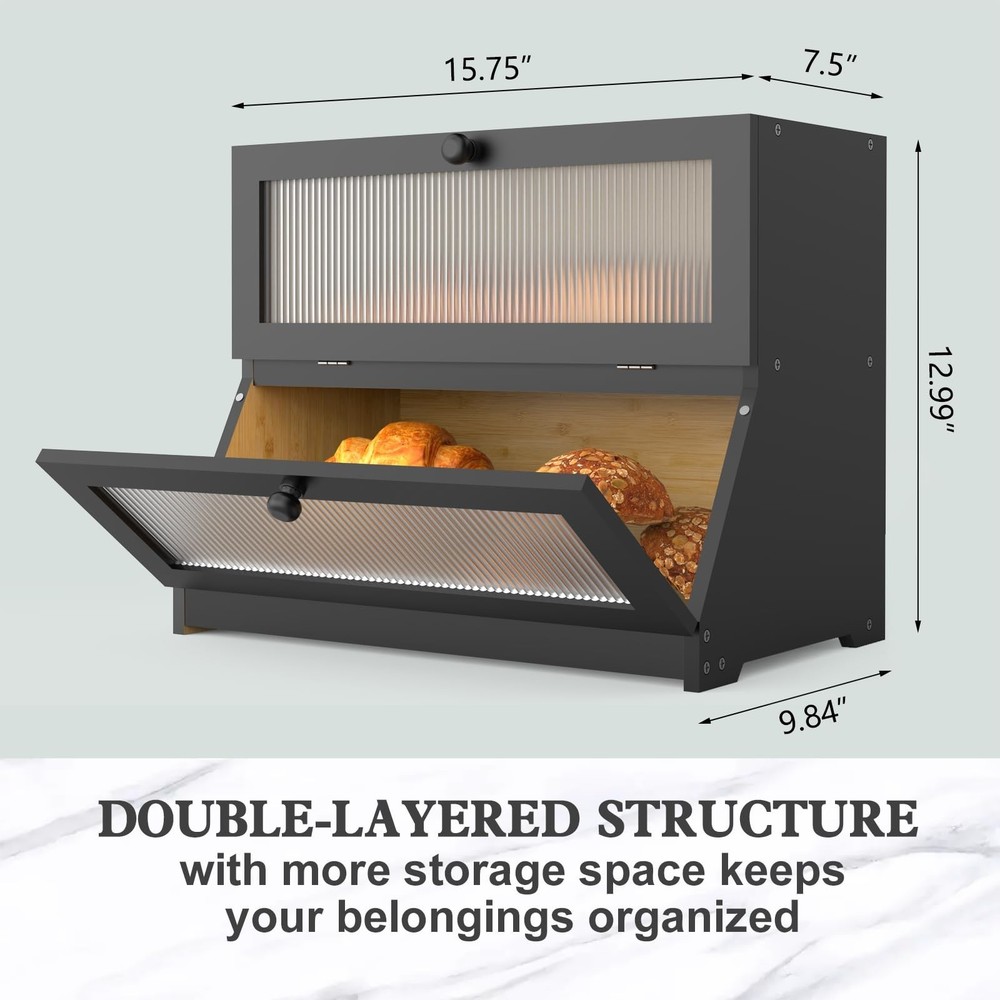 LOHASOK Bamboo Bread Box for Kitchen Countertop, Double Layer Large Bread Sto...