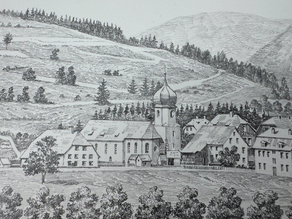 * HEINZ WEHLISCH DRAWING HINTERZARTEN 1890 VIEW SIGNED