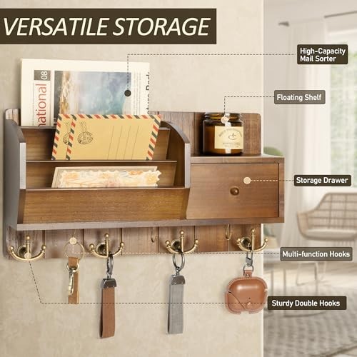 Wall Mount Key Holder with Mail Sorter - Rustic Organizer with Hooks & Drawer