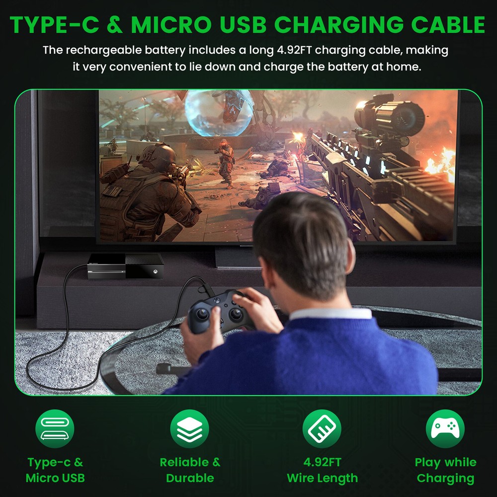 2 x 3600mAh Rechargeable Battery Pack For XBox One Controller+USB Charging Cable