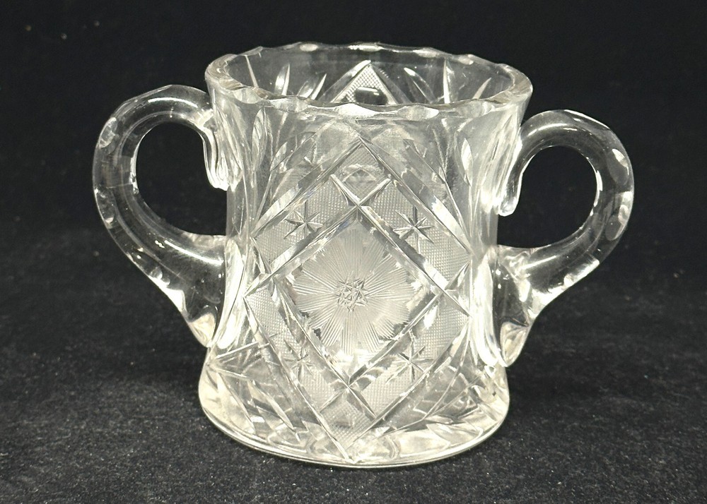 Vintage EAPG Etched Glass Two Handled Spooner with Applied Handles