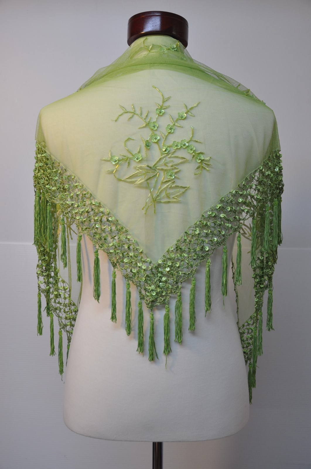 Lady's green color triangle beaded embroidery shawl with tassel