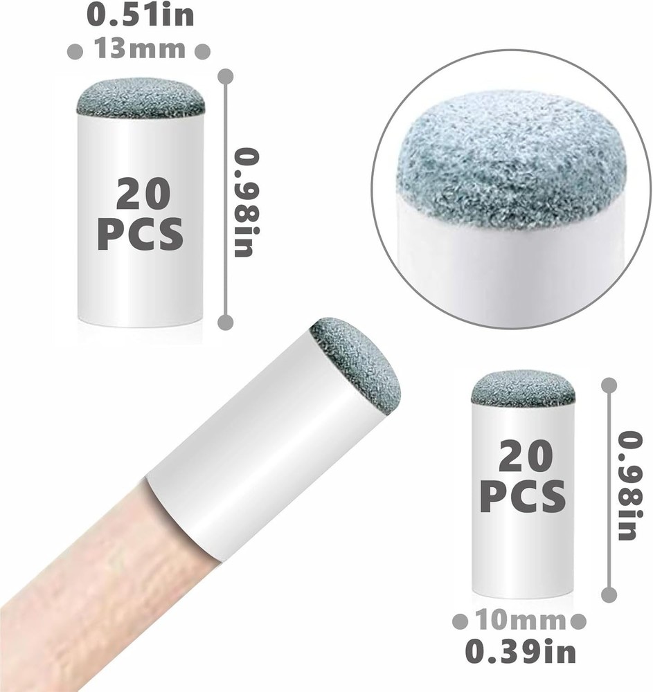 Textured Replacement Pool Stick Tips - 40pcs Leather, 10mm & 13mm