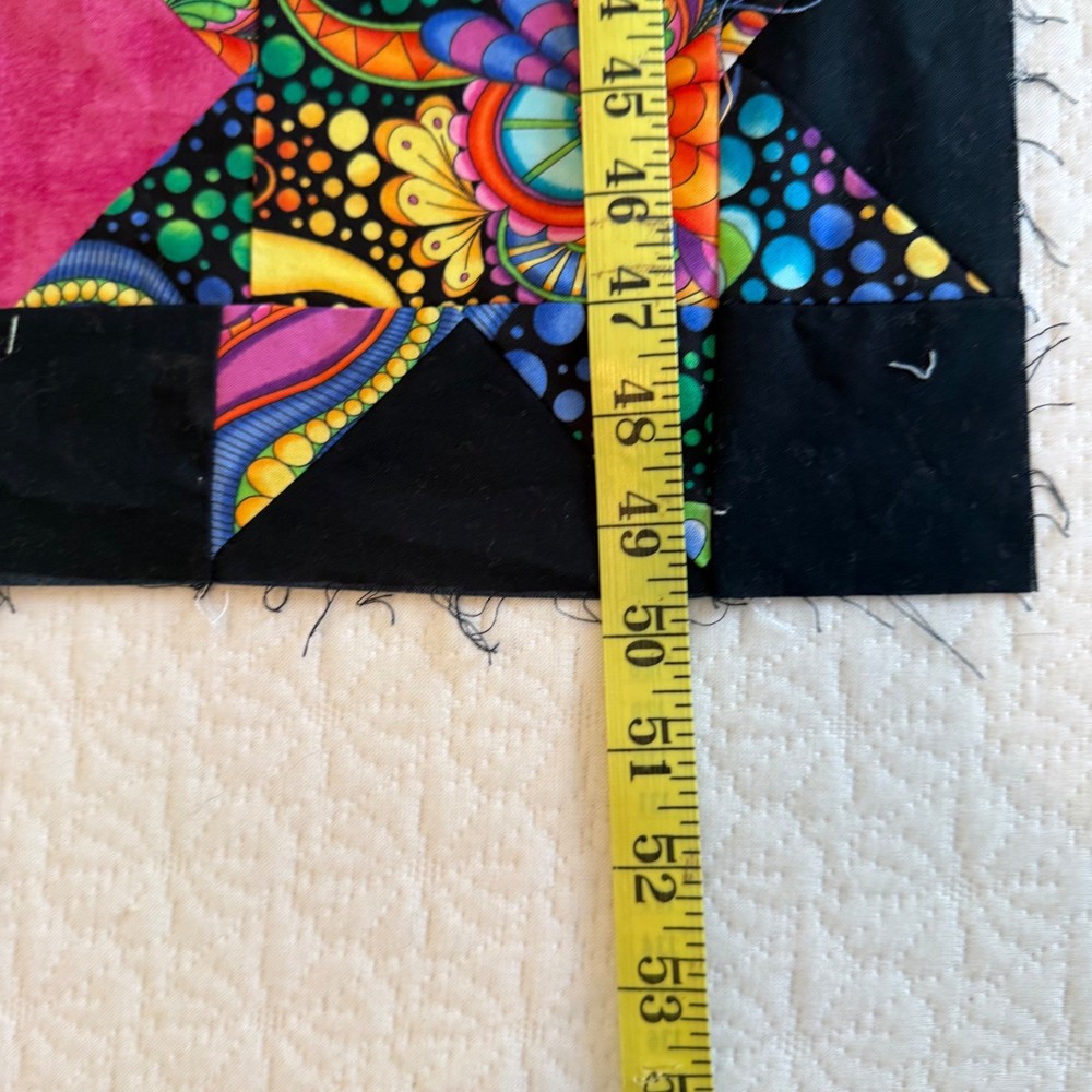 Handmade Rainbow Patchwork Quilt Top Psychedelic Star Applique 41x50 Black Trim