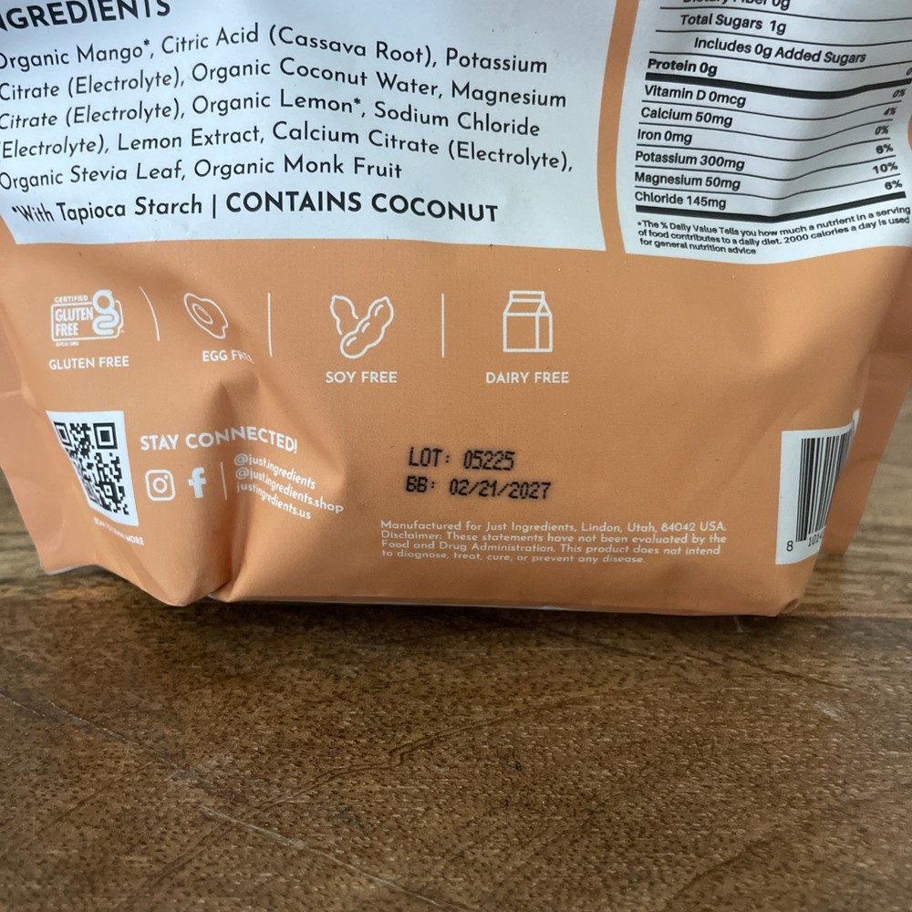 Just Ingredients Mango Lemonade Electrolytes NO Sugar Added 30 Servings