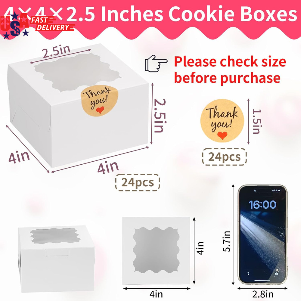 24Pcs White Cookie Boxes, 4X4X2.5 Inches Bakery Boxes with Window, for Mini Cake