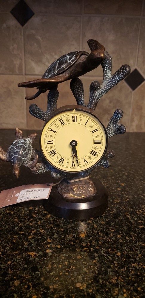 Stunning Brass Frame Marble Base Coastal Turtle Tabletop Clock Home Decor
