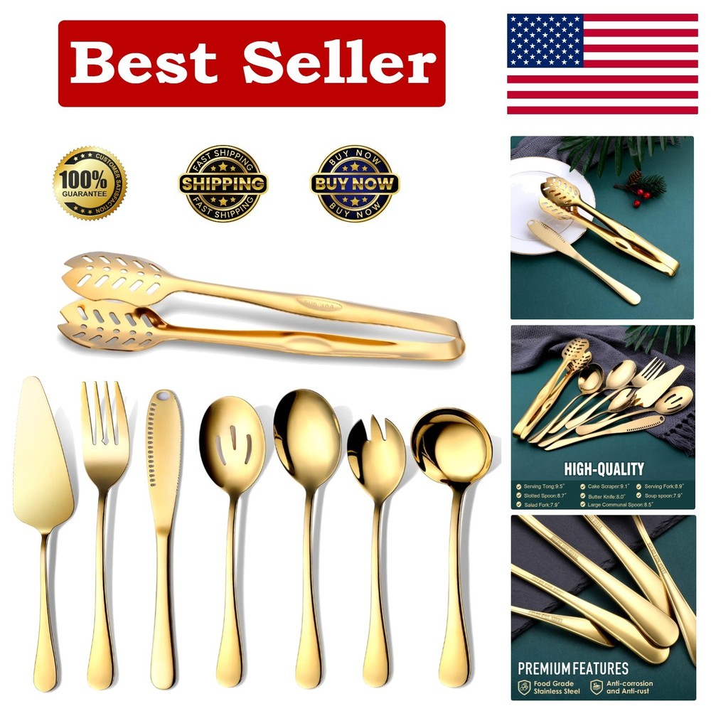 Gold Serving Utensils,  8-Piece Polished Stainless Steel Flatware Silverware Set