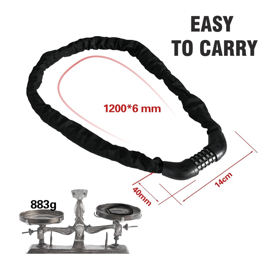Bicycle Chain Lock – 5 Position resettable Combination Heavy-Duty Black