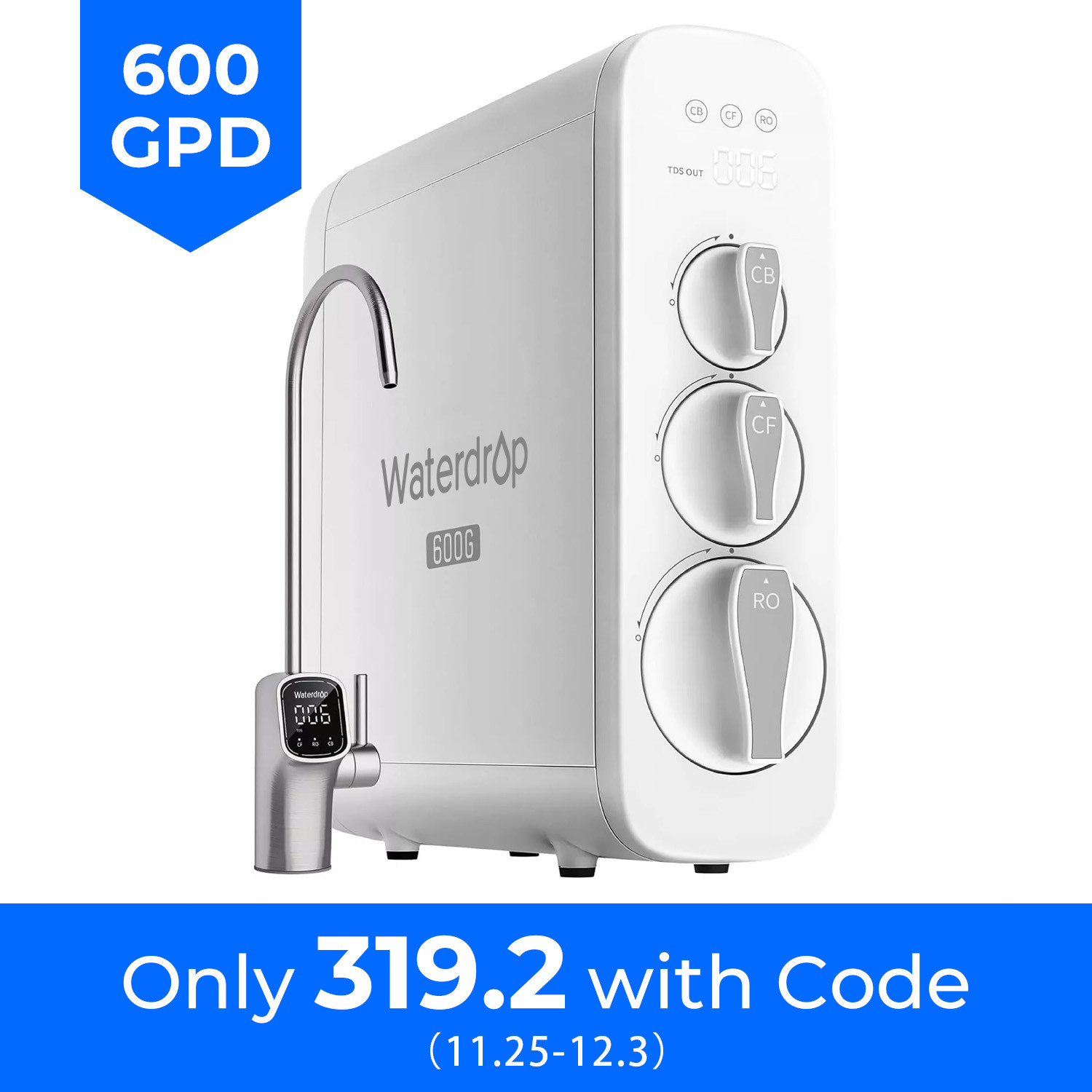 Waterdrop G3P600 Reverse Osmosis System,Tankless,600 GPD -Certified Refurbished