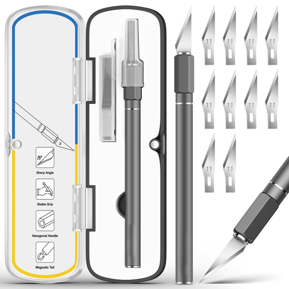 Precision Knife Set, 12 Pcs Blades, Crafting Tools, Hobby Cutter, Silver