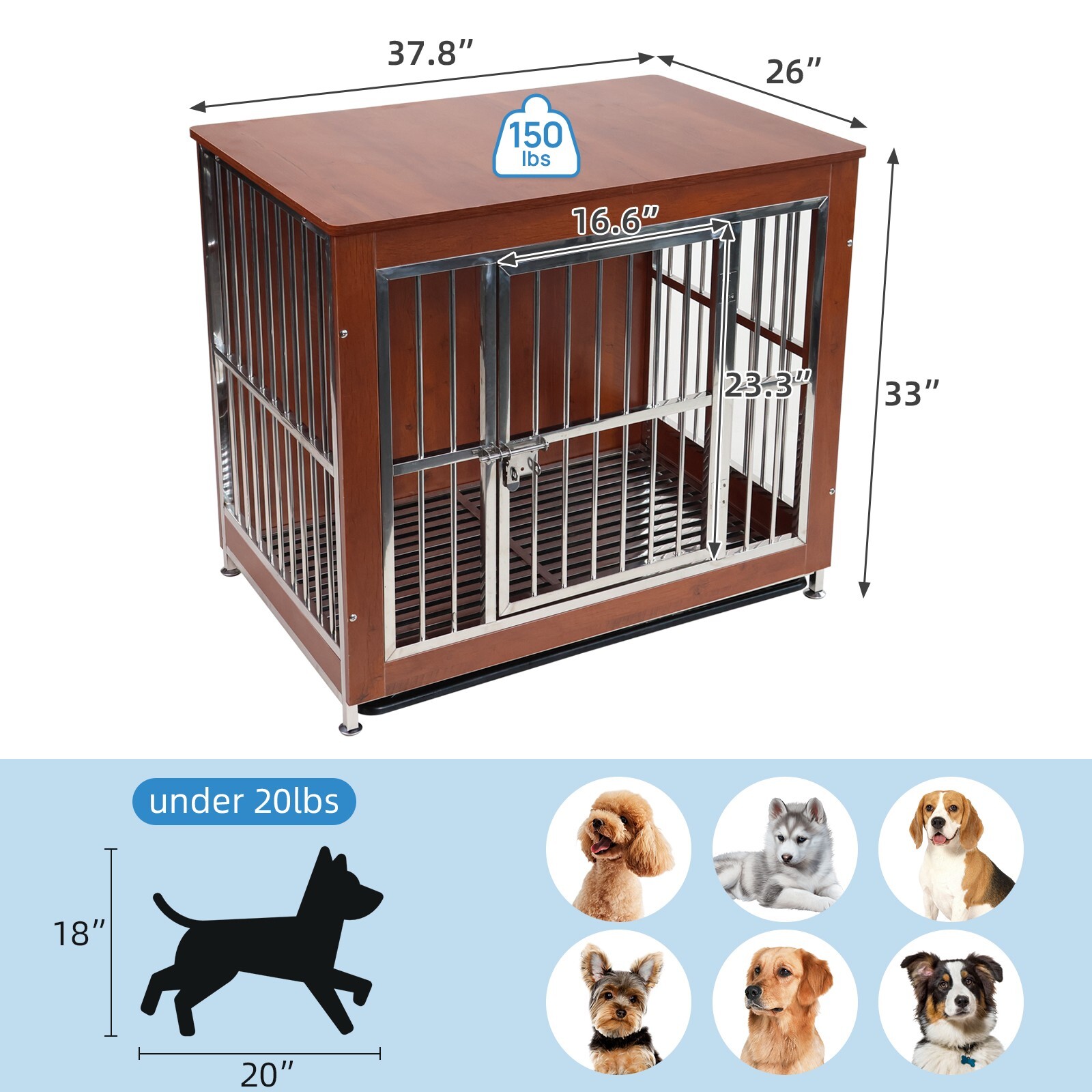 38" Wooden Dog Cage Heavy Duty Pet Crate Kennel Metal Cage End Table Furniture