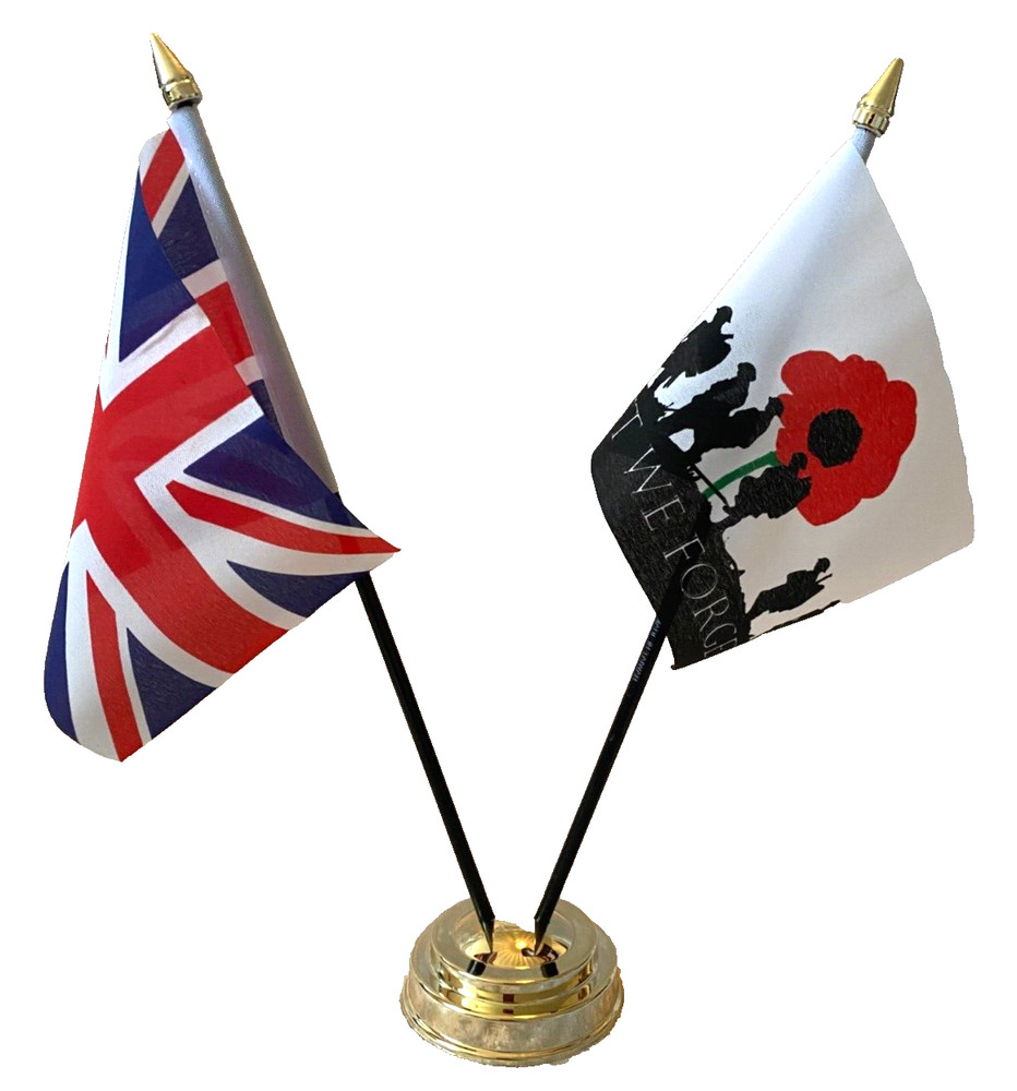 Lest We Forget Army & Union Jack United Kingdom 2 Flag Table Display & Base