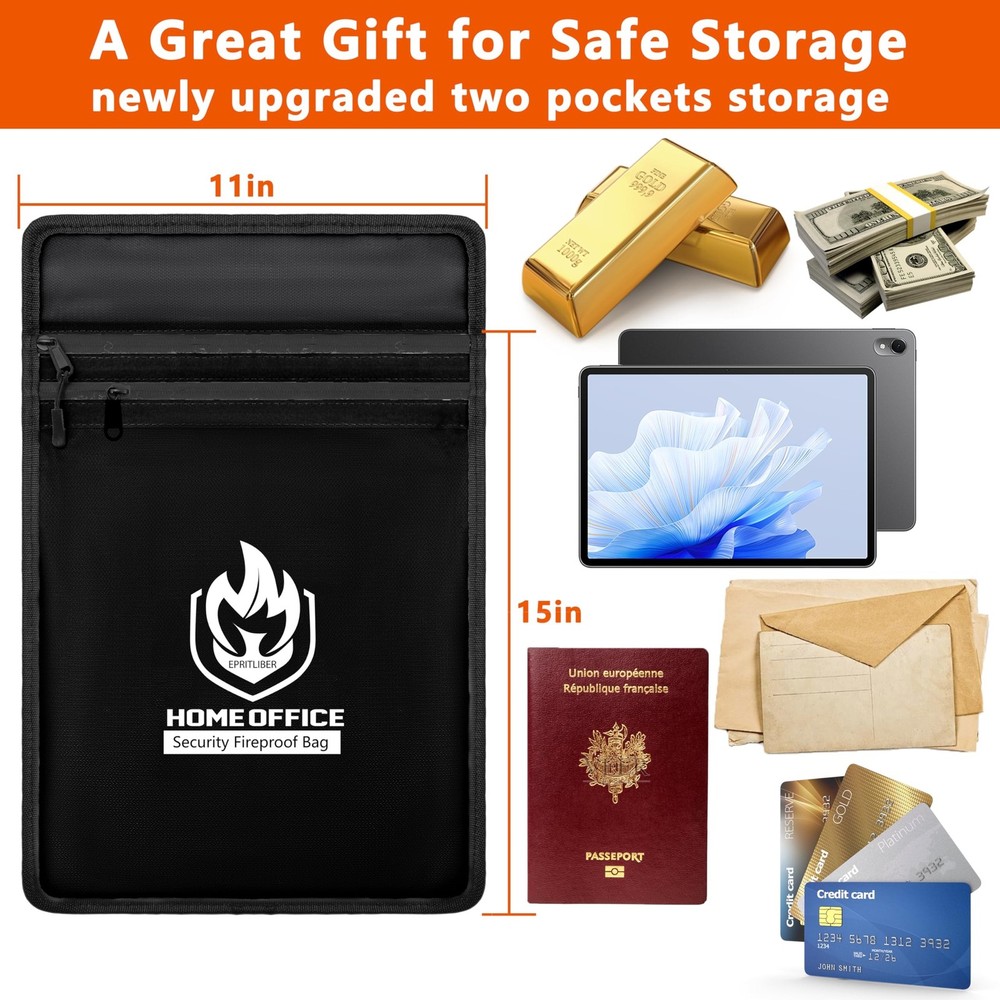Fireproof Document Bag 2000°F, 15x11’’ Waterproof Fireproof Mon