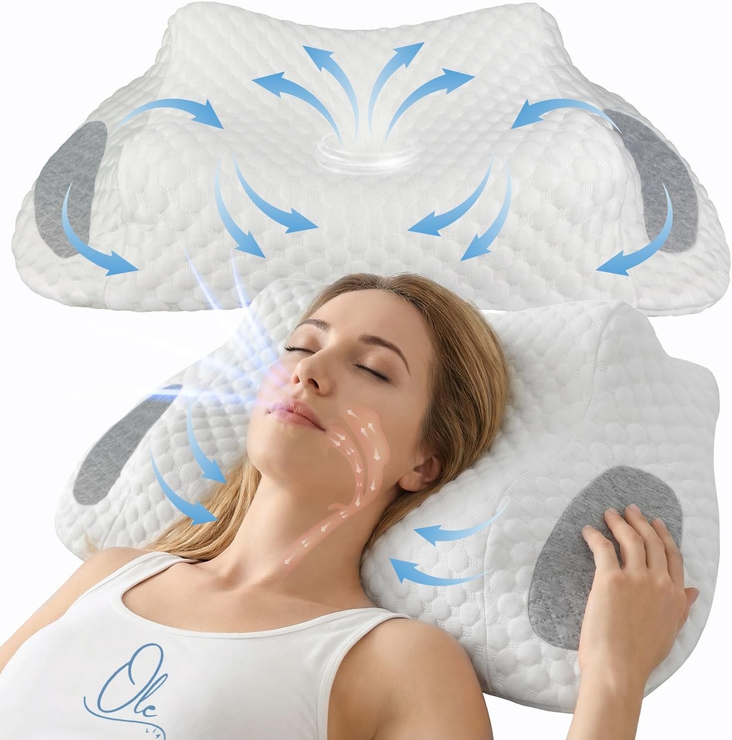 Ergo Pillow for Sleep Apnea, Neck Pain, and Snoring Relief, Standard, White Gray