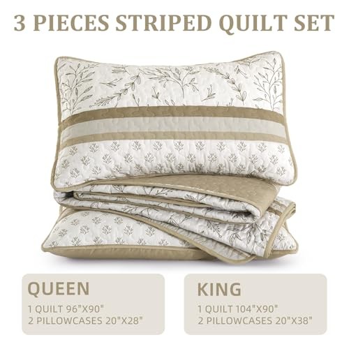 Striped Quilt Set Size Boho Striped Patchwork Leaves Printed Queen Brown