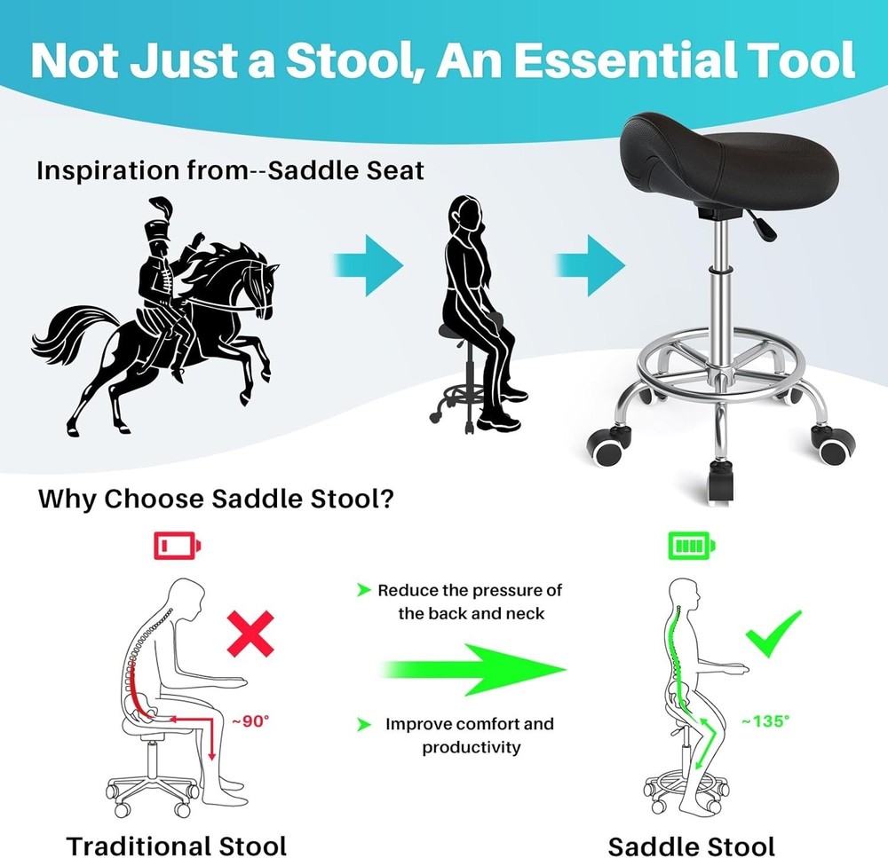 Saddle Stool Rolling Chair Saddle Chair with Wheels Thickened PU Leather Stool