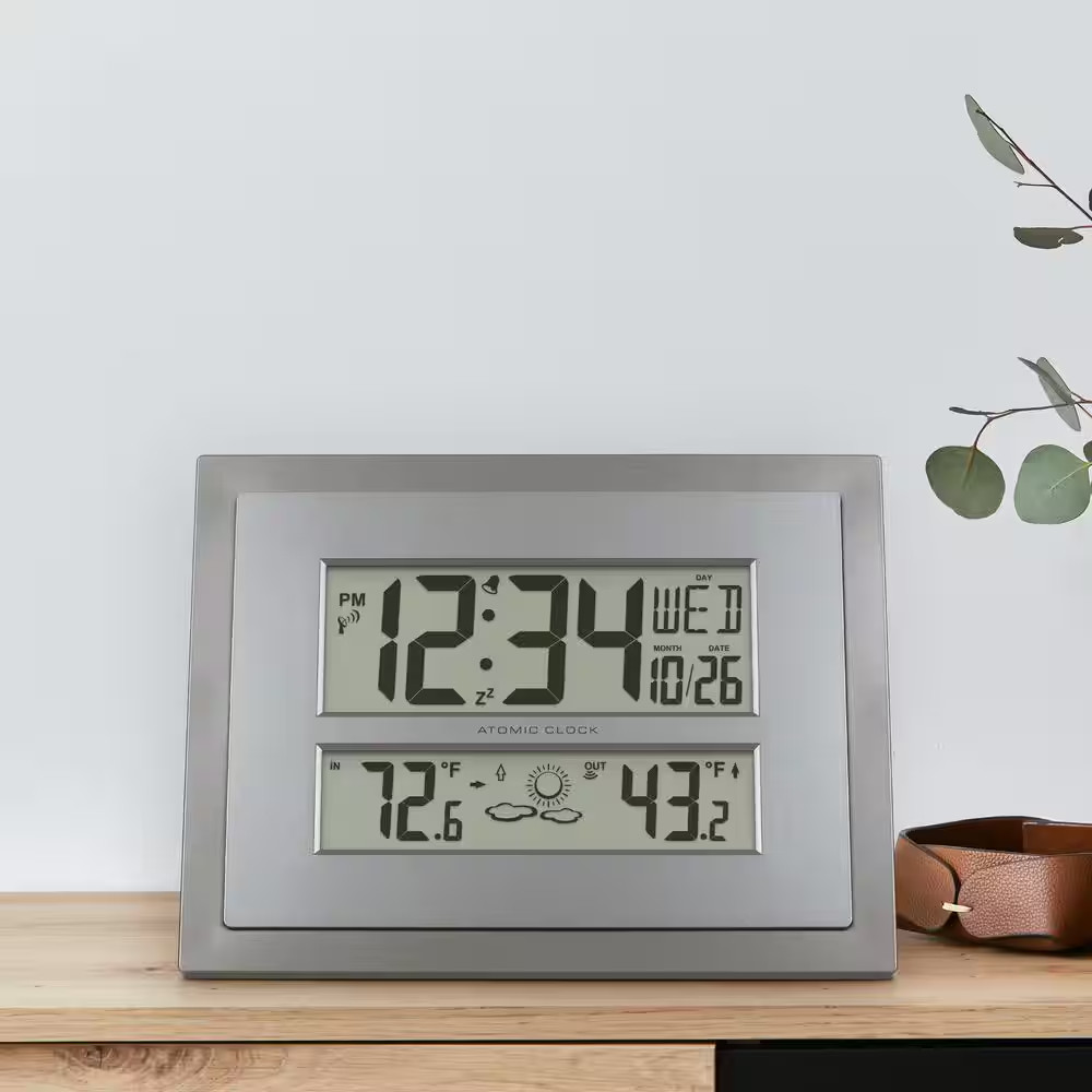 Atomic Digital Clock with Temperature and Forecast in Gray/Silver