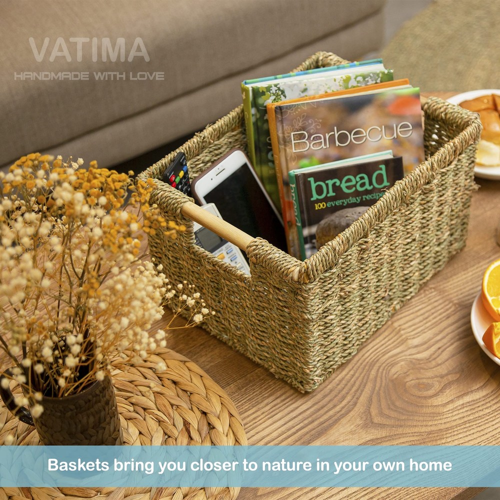 Natural Seagrass Basket With Wooden Handle Medium Rectuangular Wicker Basket For